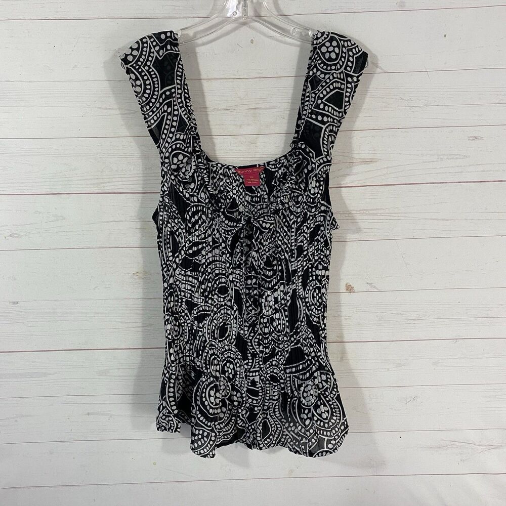 Sunny Leigh Womens Sleeveless Black Print Top XL Tie Neck/Button Front Polyester